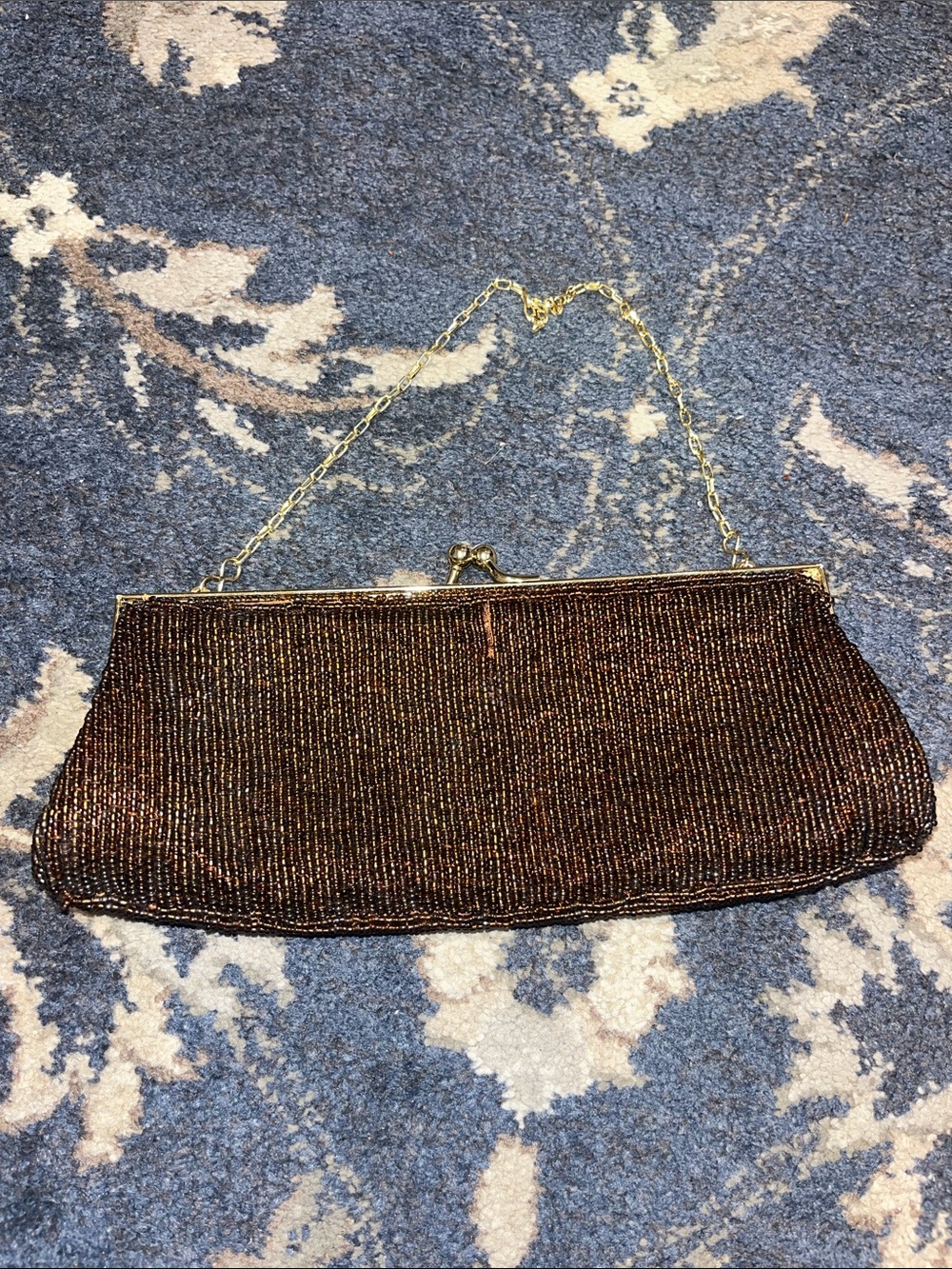 Jessica McClintock Brown Beaded Evening Clutch with Gold Chain